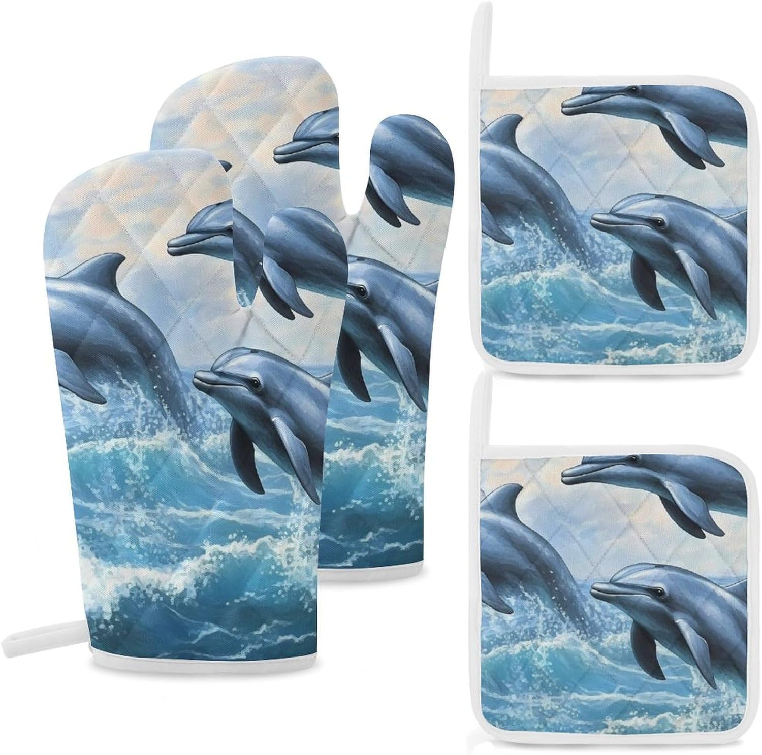 Dolphins Jumping Out of Ocean Waves Oven Mitts and Pot Holders 4Pcs Set Heat Resistant Cooking Mitts Hot Pads