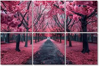 6 Pack Art Acoustic Panels Sound Absorbing Road Forest Tree Pictures Bedroom Cherry Blossom Trees Pathway Soft Decorative Soundproof Wall Panels Self Adhesive for Recording Studios Office 72"x48"