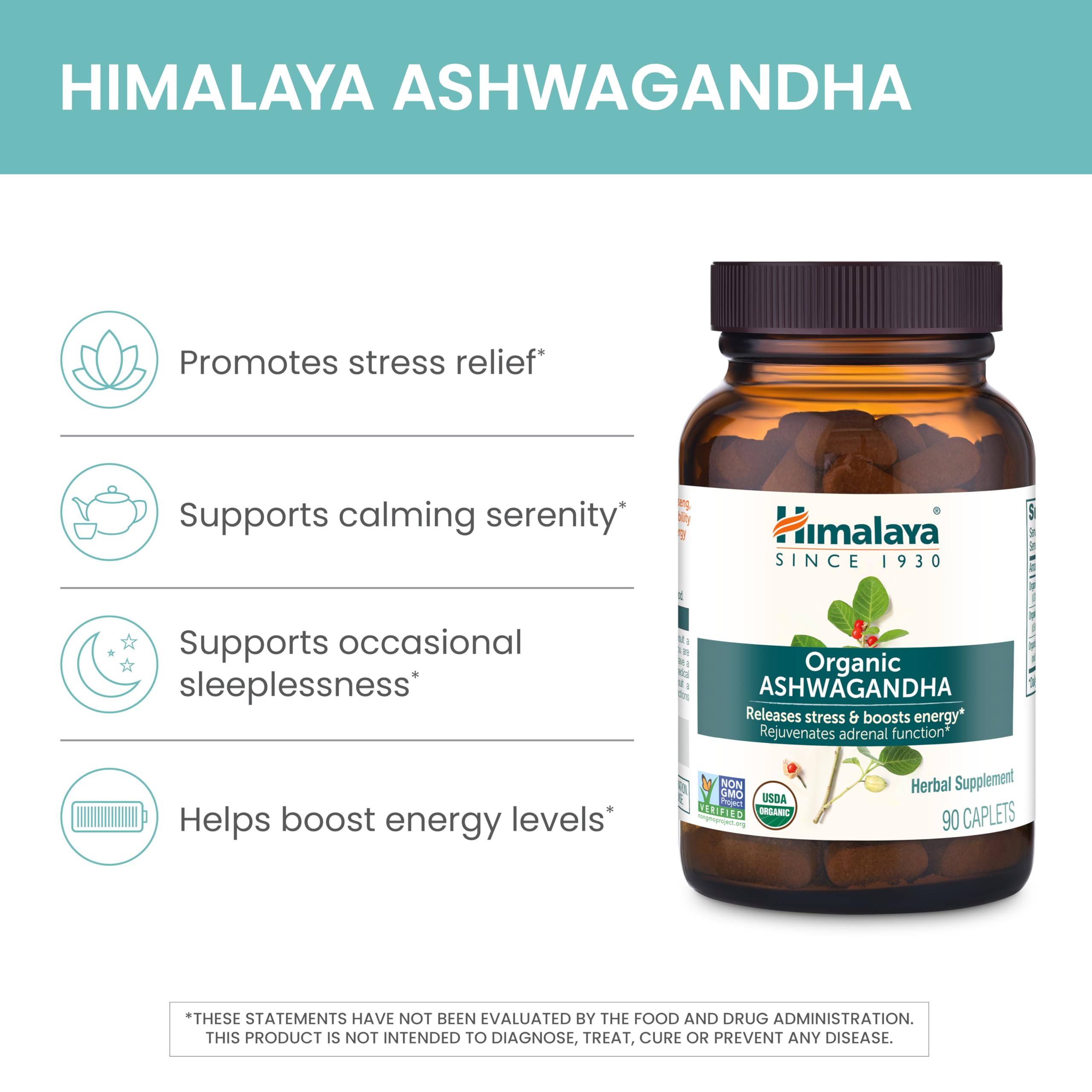 Himalaya USDA Organic Ashwagandha Root, 670 mg, 30 Day Supply, 30 Caplets — Amazon image 3