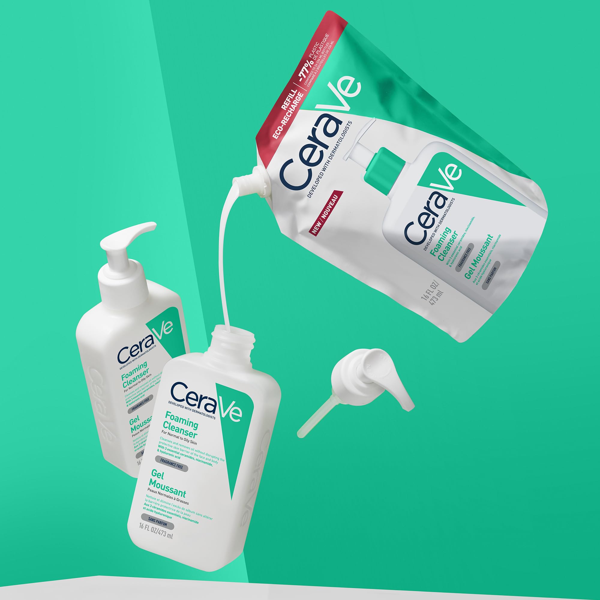 CeraVe Schiuma Detergente, Per Pelli da Normali a Grasse, Adatto a Viso e Corpo, Con Ceramidi Essenziali, Niacinamide e Acido Ialuronico, Confezione Refill, 473 ml
