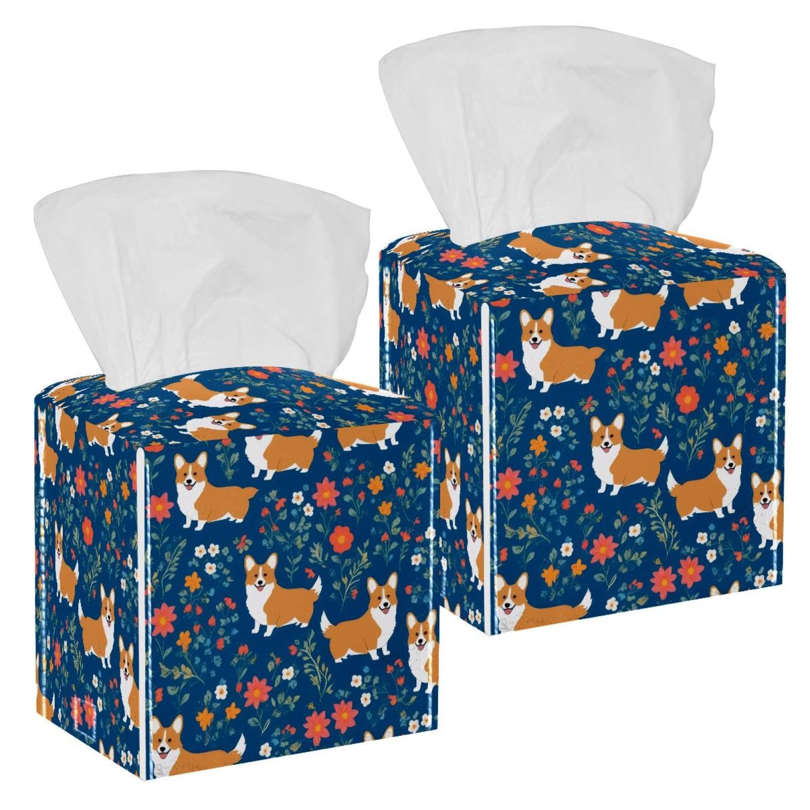 Corgis Dog Tissue Box Cover, 2 Pack PU Leather Square Facial Tissue Dispenser Box holder for Home Office Car