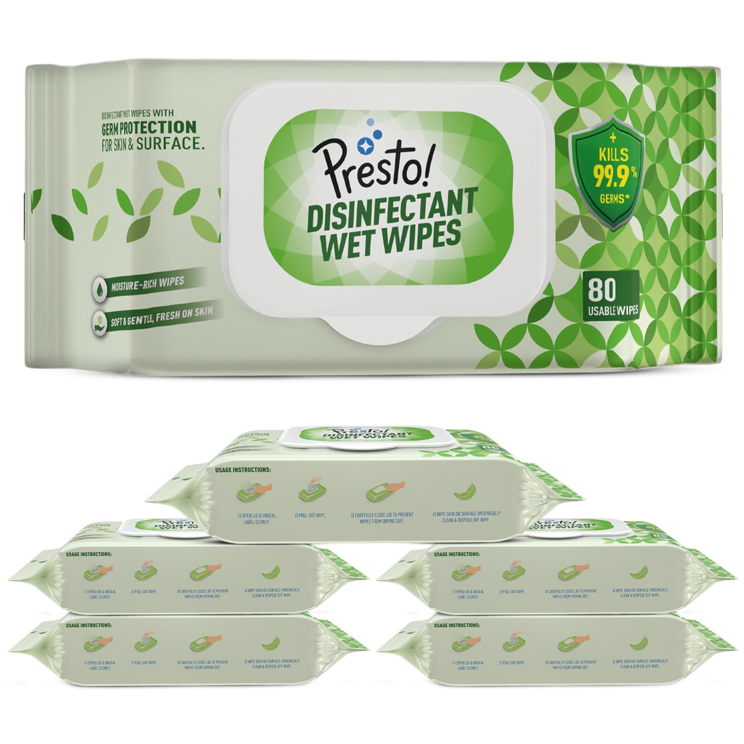 Amazon Brand - Presto! Disinfectant Wet Wipes With Lid | 480 Count | (80 Counts x Pack of 6) | Germ Protection for Skin and Surface-picture-25