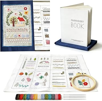 Zhenqing StitchCraft Complete Embroidery Book Kit 200+ Patterns, 24 Threads, Hoop, Fabric & Tools Beginner to Advanced DIY Stitching Set with English Guide