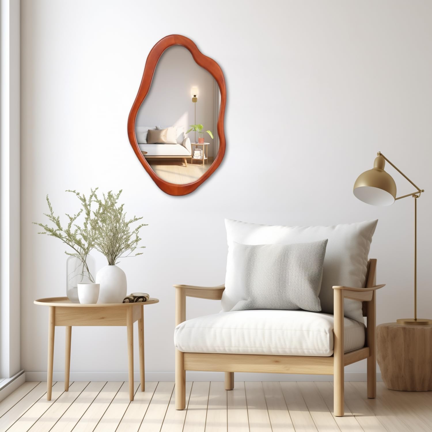 Espejo ondulado con marco de madera, moderno espejo asimétrico decorativo para dormitorio, sala de estar, entrada (nogal, 2415) 2