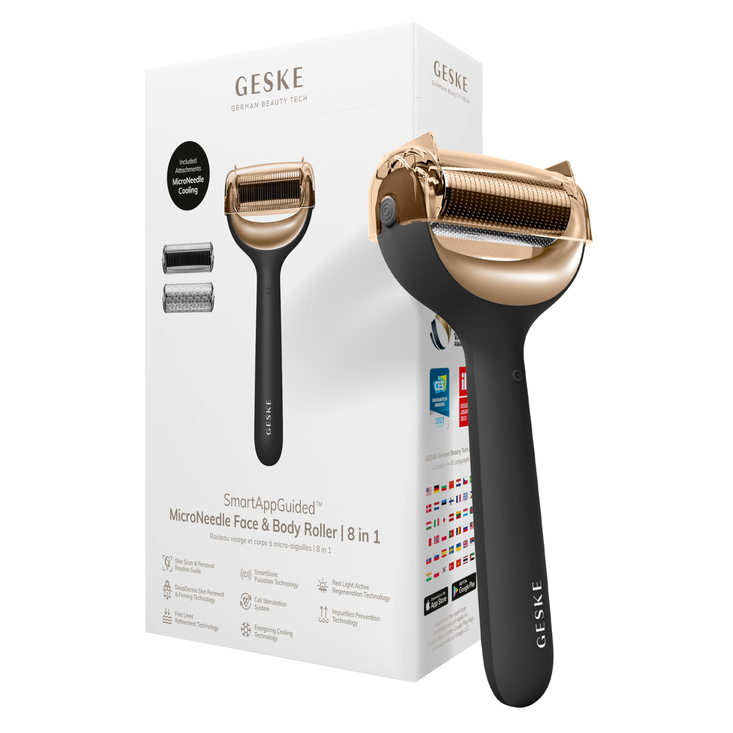 GESKE | SmartAppGuided™ MicroNeedle Face & Body Roller | 8 in 1 | Derma Roller | Elektrisches Microneedling | Nadelroller | Needleroller | Beauty Roller für Gesicht und Körper | kühlender Aufsatz
