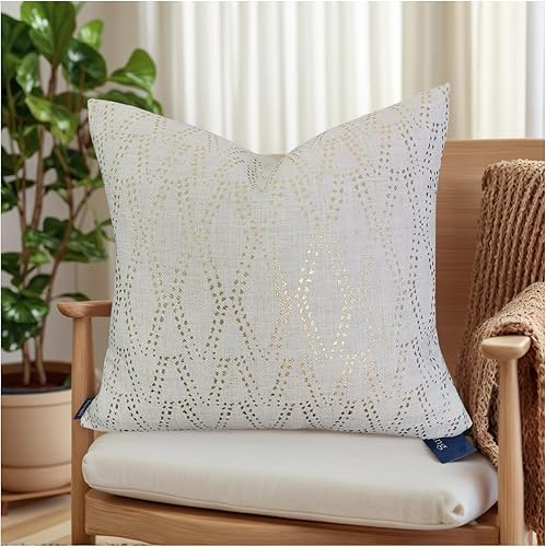 Funda de almohada dorada para sofá, 1 unidad, 20 x 20 pulgadas, color blanco crudo con textura de lino, estampado metálico, rombos ondulados,