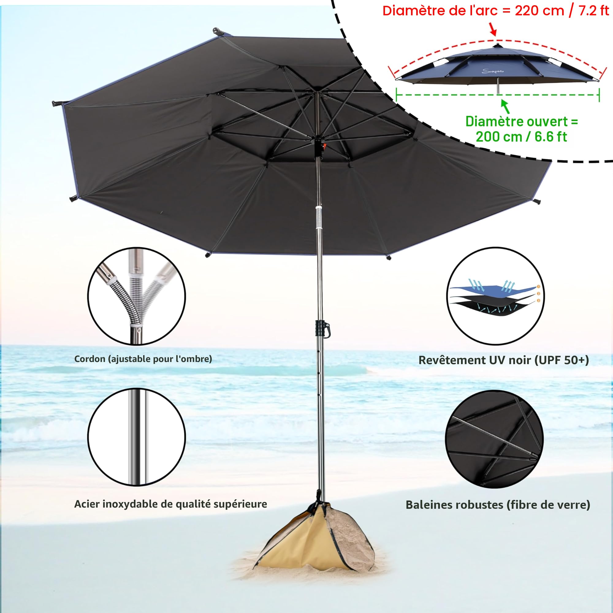 Sunphio Parasol Plage 220 cm, Anti UV Protection 50, Anti Vent, Solide, Inclinable, Compact, Grand Parasol Rond de Plage, Résistant au Vent