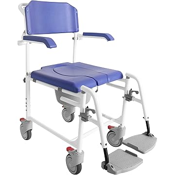 KMINA PRO - Silla Ducha Mayores con Ruedas, Versión 2.0 Frenos Mejorados, Sillas Baño Ancianos WC Agujero, Inodoro Adultos Azul