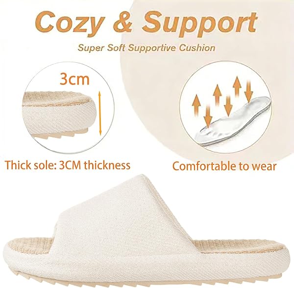 Zapatillas de Estar en Casa Mujer Pantuflas de Lino Antideslizantes Planas Espuma de Memoria Suave Cuatro Estaciones Slippers - 5