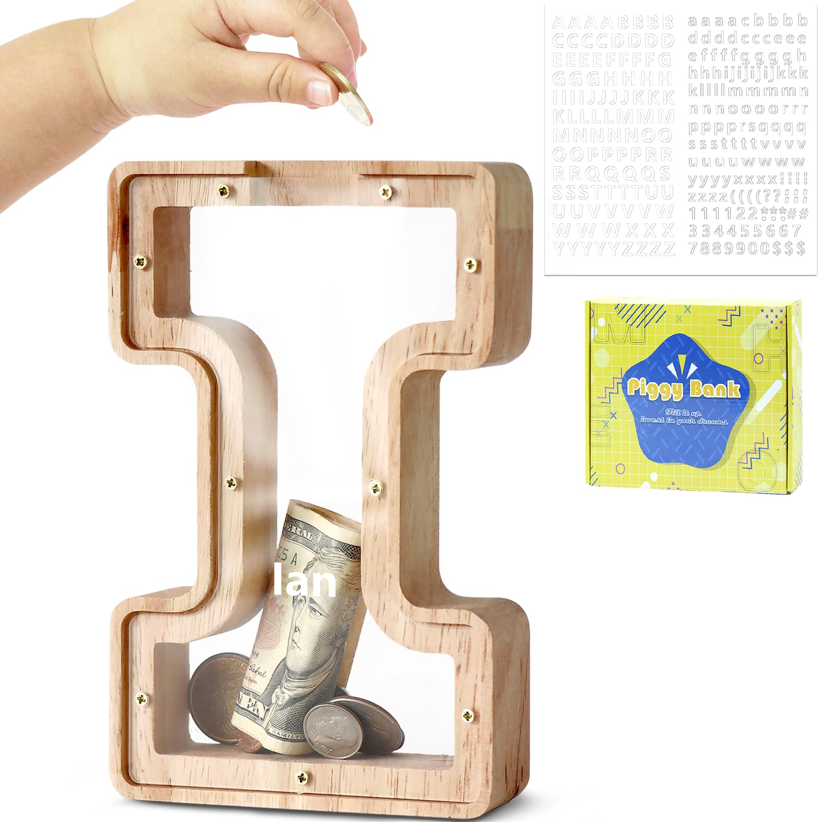 Dbpbtou Boys I Money Box For Kids Piggy Bank, Personalised Wooden Letter Money Box For Birthday Gift/Home Decoration/Keepsake (I)