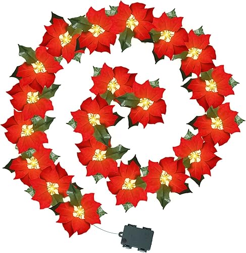 Miniatura 8 de FUCHSUN - Guirnalda de flores de Pascua de Navidad de 14 pies, 20 luces LED artificiales rojas con luces LED para árbol de Navidad, chimenea,
