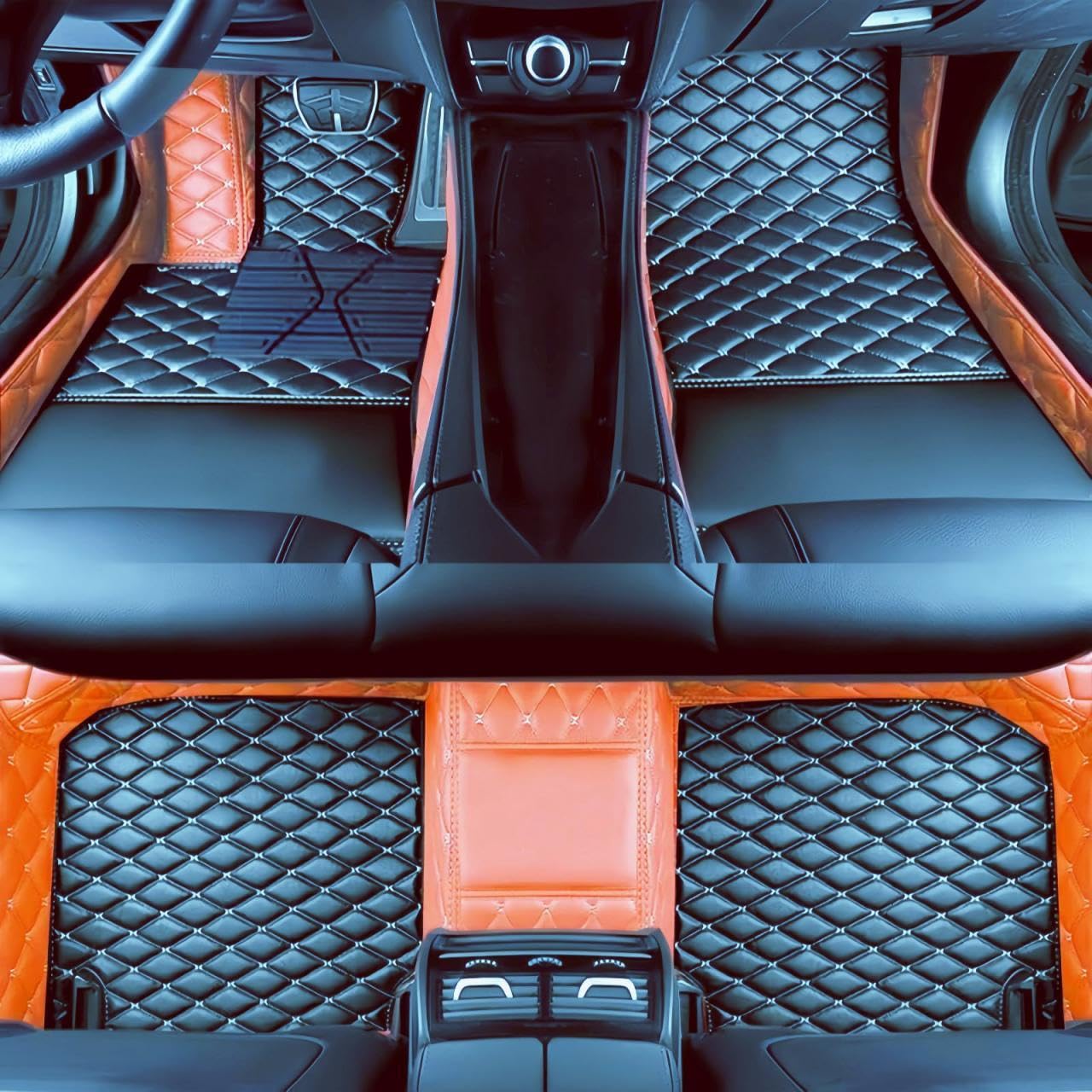 Custom Luxury Car Floor Mats Suitable for All Sedans, Sports Cars,SUV, Business Vehicles, Trucks, Waterproof and Anti Slip Fully Covered Leather Floor Mats (Orange and Black)