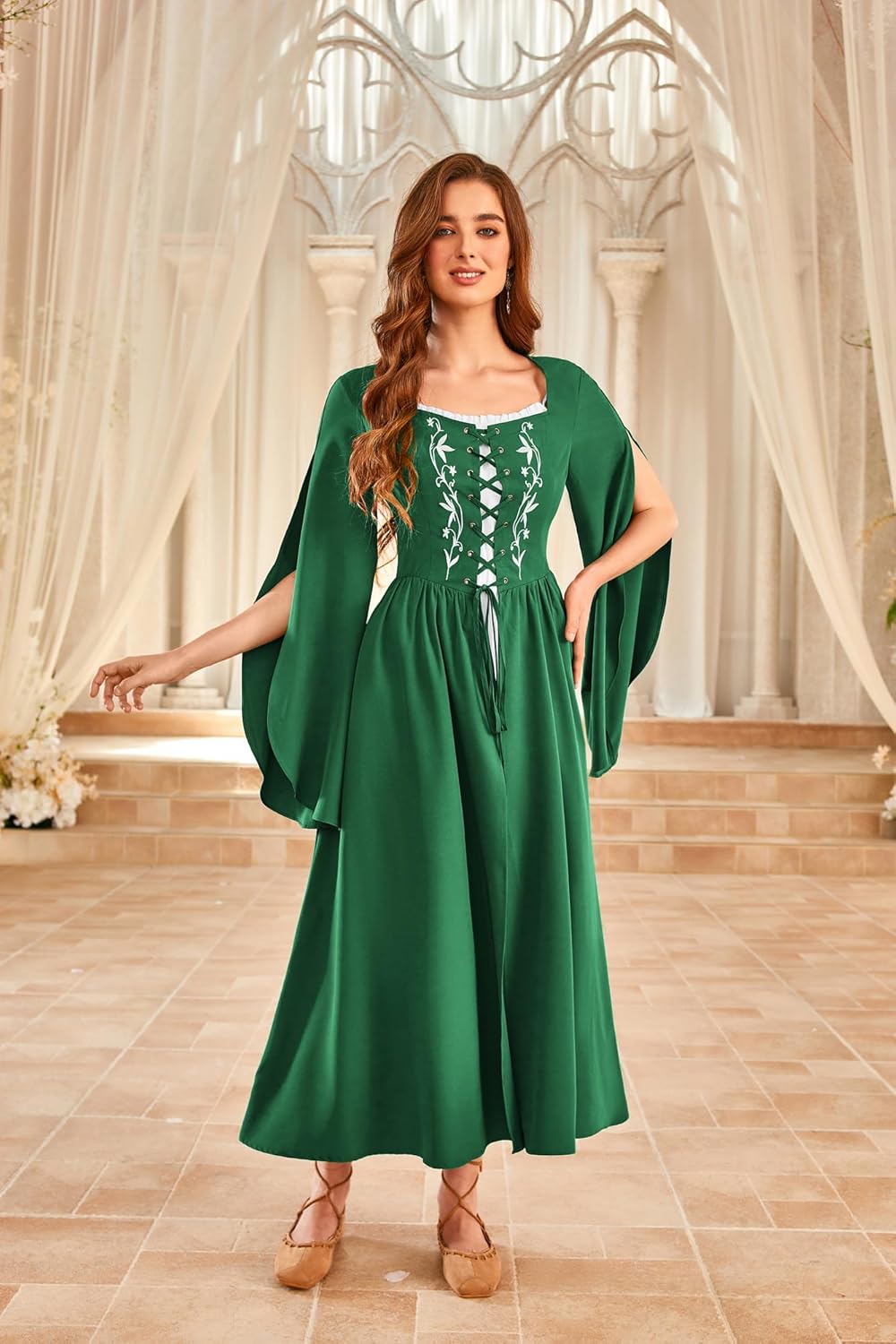 Scarlet Darkness Women's Medieval Renaissance Costume Dress Long Bell Sleeve Embroidery Cosplay Overdress - Image 3