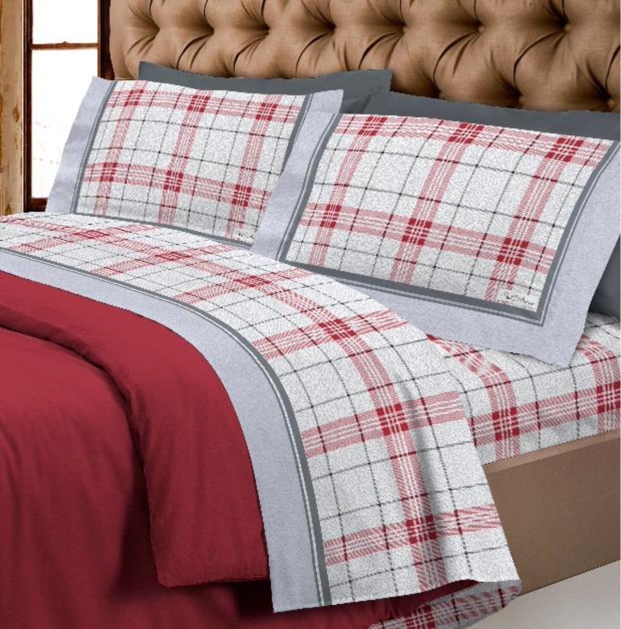COMPLETO LENZUOLO FLANELLA TORINO QUADRI ROSSO SUPER EUROPA MADE IN ITALY (Singolo)