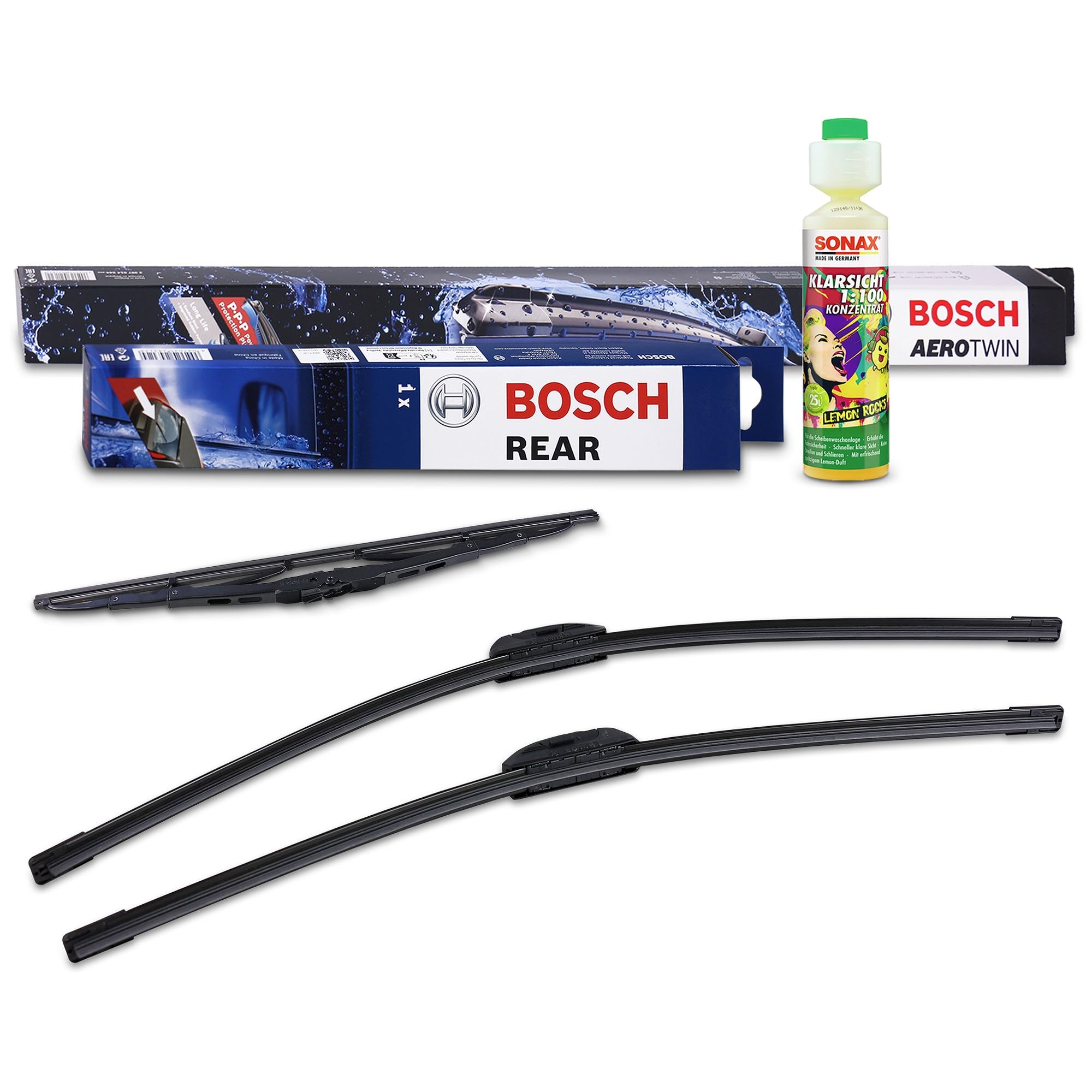 BOSCH 1x Spazzola tergi, 1x Spazzola tergi, 1x 250 ml KlarSicht 1:100 | Compatibile con: FORD GALAXY I, GALAXY MK I VAN, SEAT ALHAMBRA, ALHAMBRA VAN, VW SHARAN, SHARAN VAN