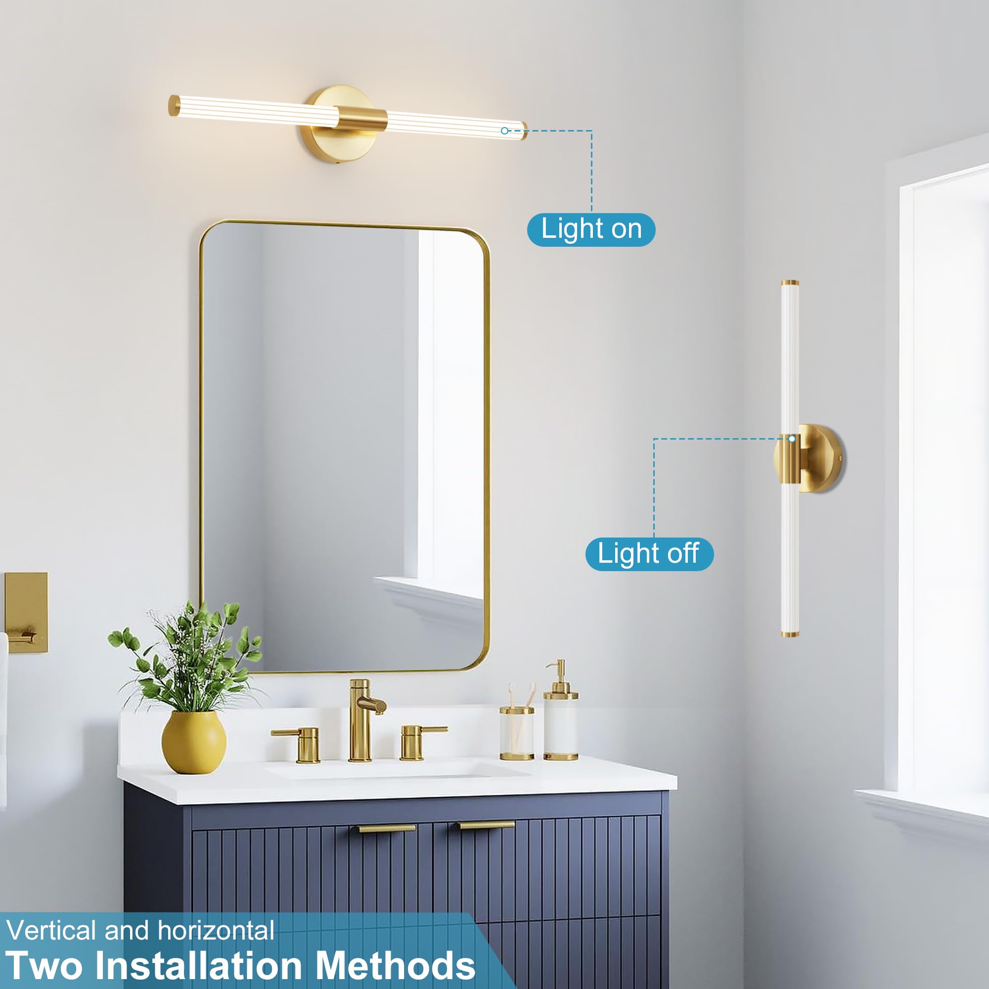 LED Wandleuchte 360° Wandbeleuchtung Innen Wandlampe Gold 60cm | Wasserdicht IP44 8W 800Lumen 3CCT Einstellbar 3000K-6000K Badleuchte Bilderlampe Für Wohnzimmer Badzimmer Schlafzimmer
