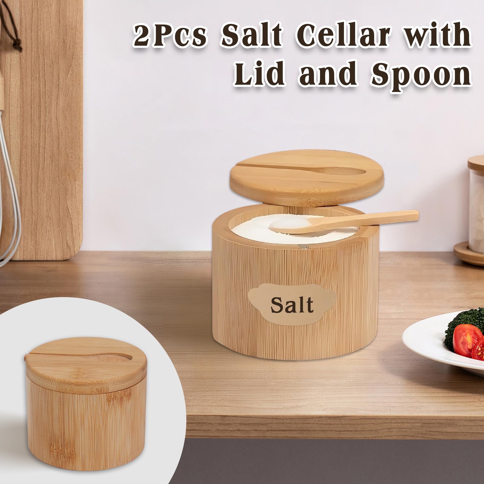 2 saleros con tapa y cuchara, recipiente de sal de madera para cocina, olla magnética pequeña, barril de sal, salero de bambú con etiqueta adhesiva, almacenamiento de sal y azúcar