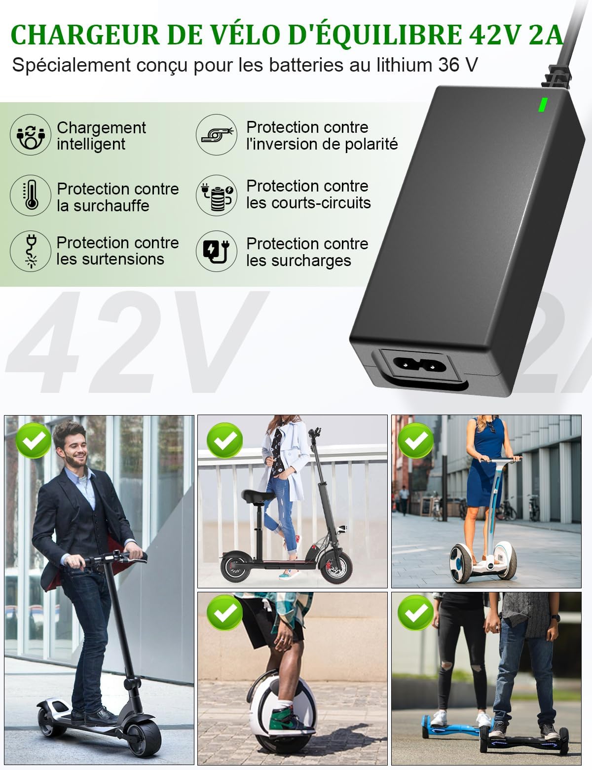 Chargeur Trotinette Electrique, 42V 2A Chargeur Hoverboard 36V Trottinette Batterie avec 4 Connecteurs pour Hoverboard, Scooter Électrique, Planche à Dérive, Xiaomi M365/Pro 2