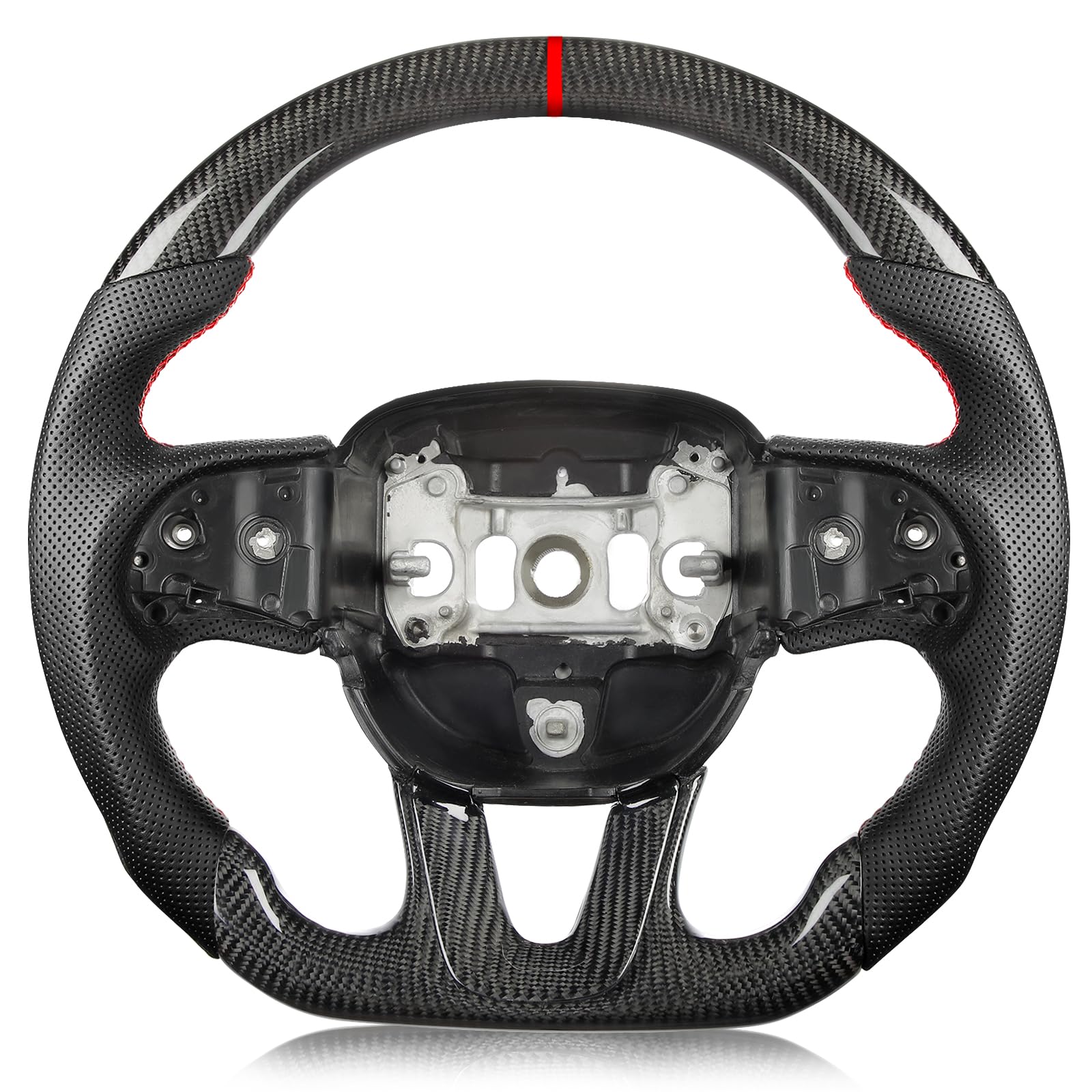Tesfeel Steering Wheel for Dodge Charger for Dodge Challenger 2015-2024, 3K Real Carbon Fiber Steering Wheel D-shaped Flat-bottom Preforated Leather Grip (SXT/GT/RT/SRT/For Hellcat)