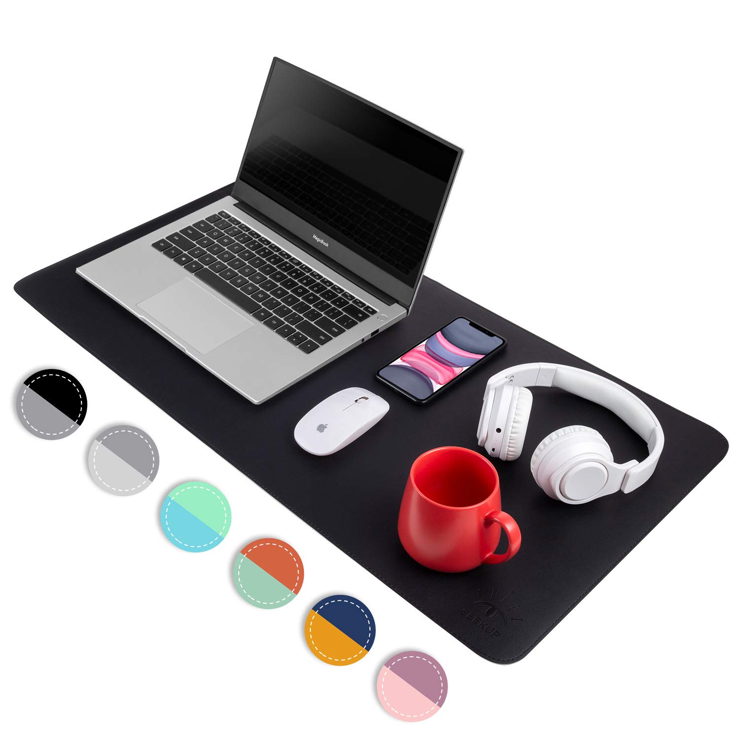 Black/Gray Dual Sided PU Leather Desk Pad, Upgraded Sewing Laptop Mat, Waterproof Large Mouse Pad, Non-Slip Writing/Painting Mat Desk Blotter Protector for Office/Home 31.5"x15.8" (80x40cm)