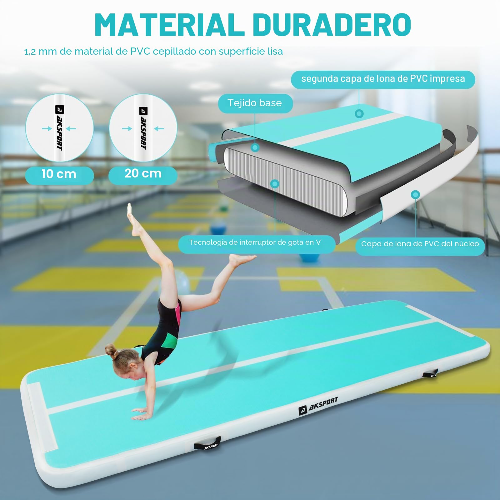 AKSPORT Esterilla hinchable de aire para tumbling 3/4/5/6 m 10/20 cm alto con bomba