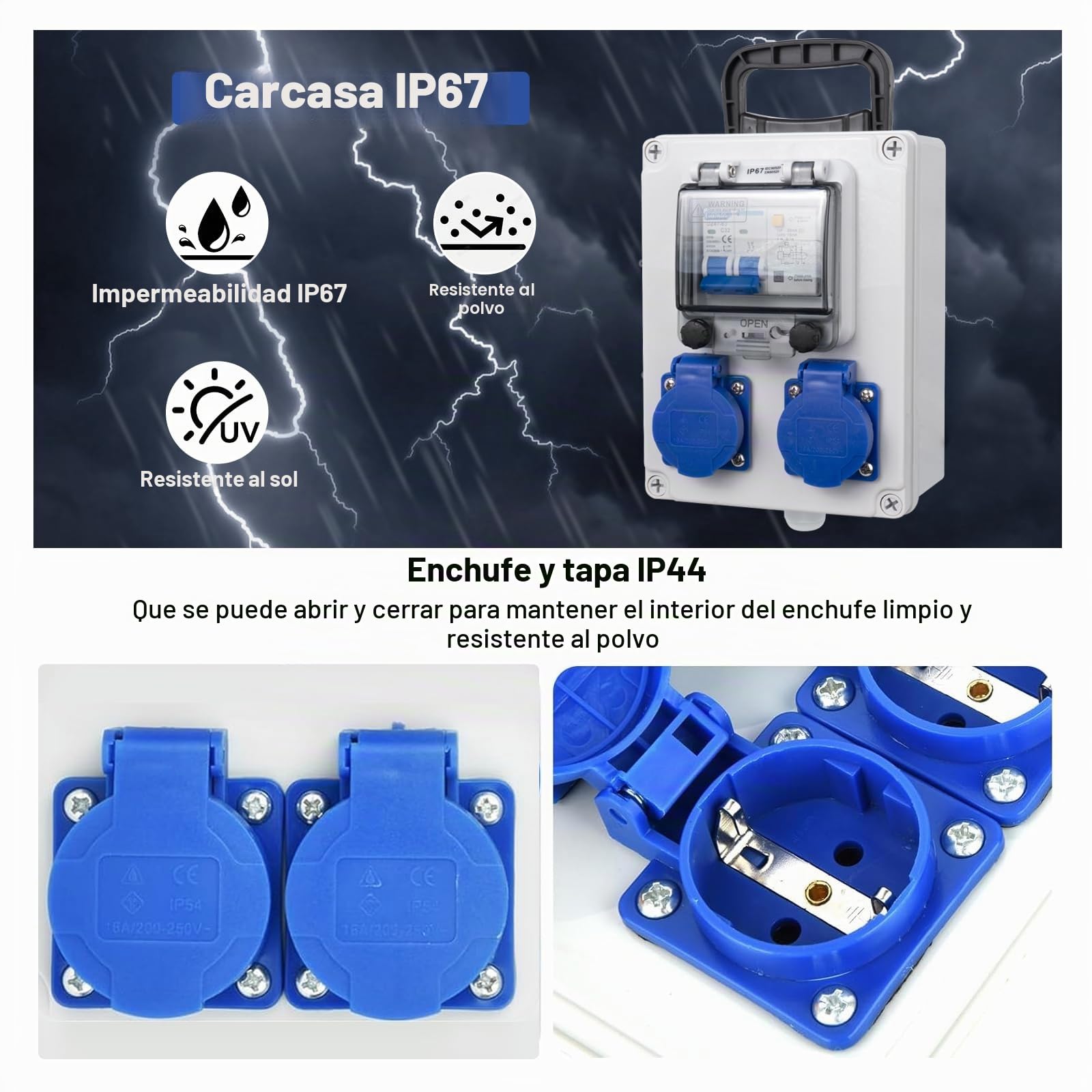 Distribuidor de Corriente con Interruptor FI 1P + N 16A, Caja Enchufes Pared con 2 Enchufes Schuko de AC 250V/16a, Caja de Distribución Portátil de Superficie para Construcción