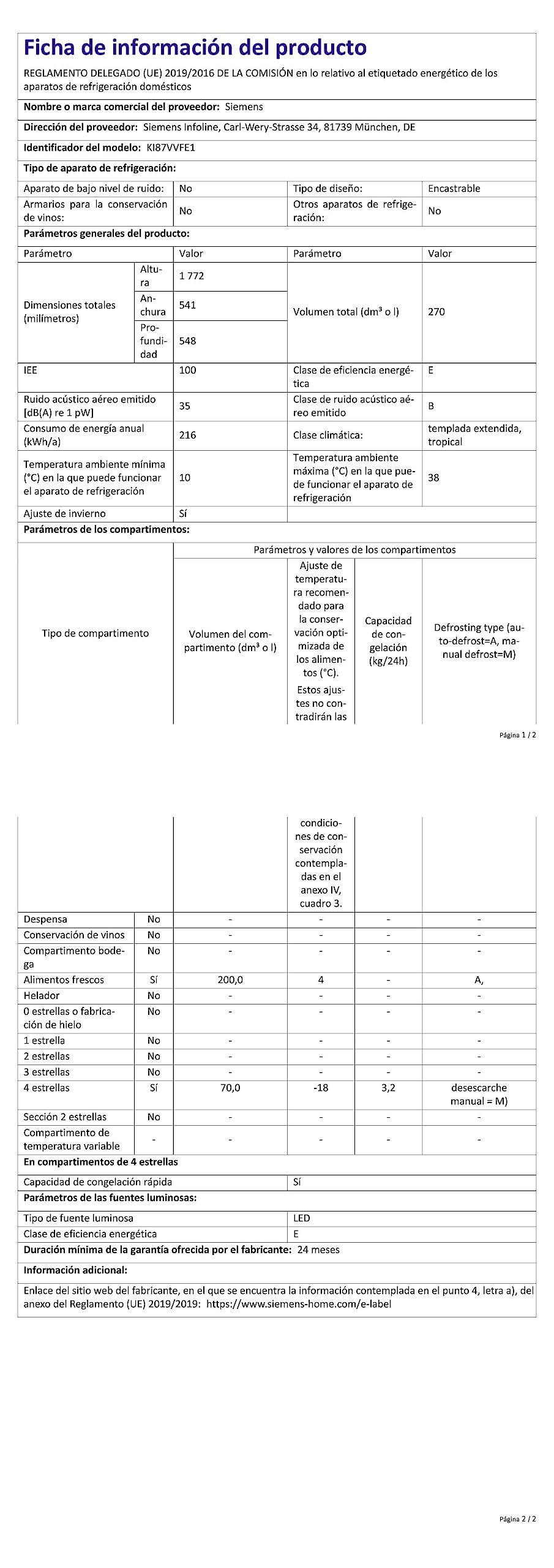 SIEMENS Réfrigérateur congélateur encastrable KI87VVFE1 IQ300, 270 litres, Low frost