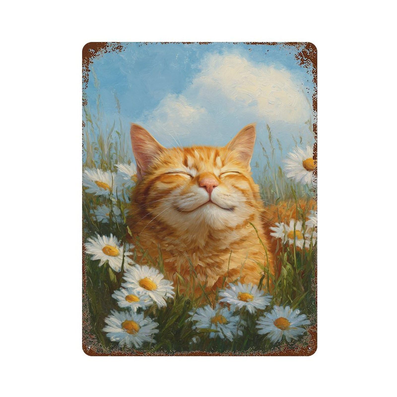 Rusty Metal Tin Sign with Cat in Daisy Field Painting Design 15.7"x11.8", for Shed, Workshop And Garage Wall Decor, Classic Wall Plaque