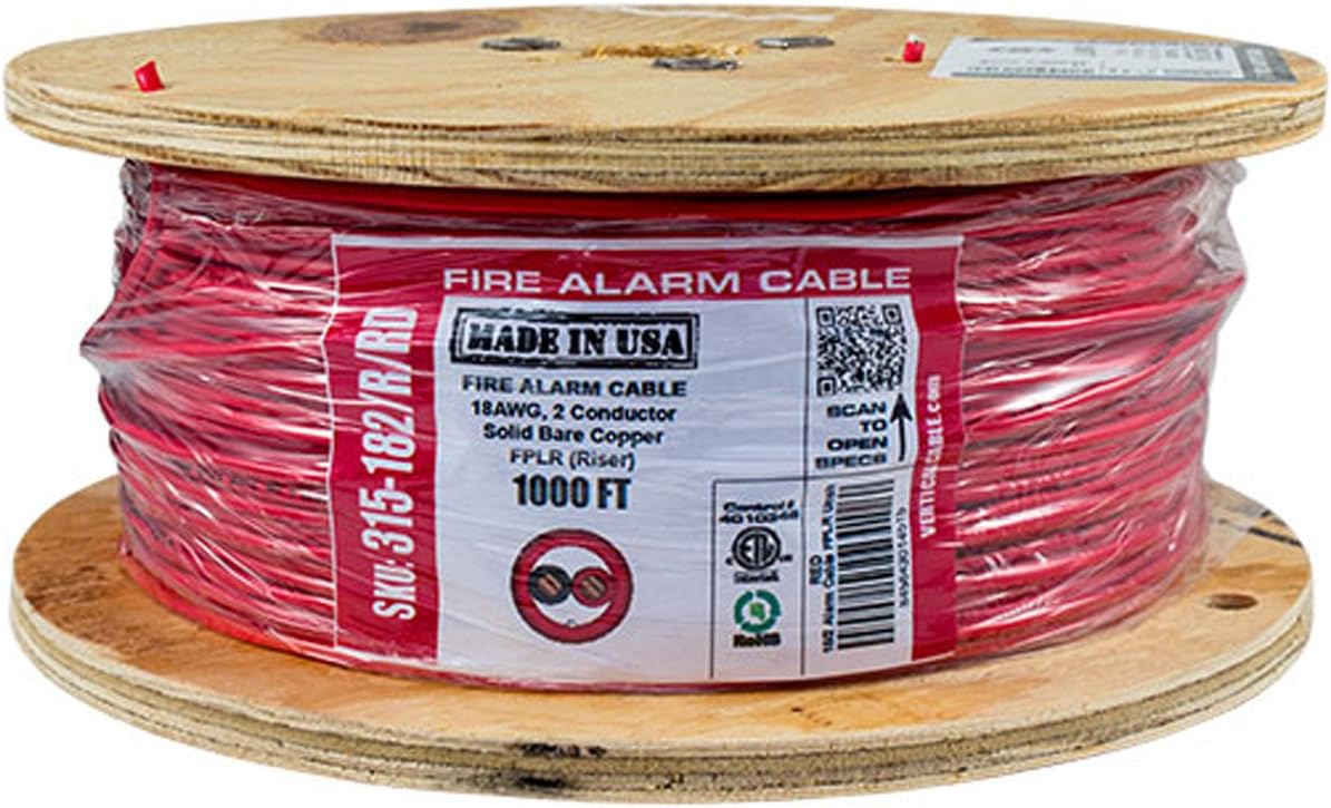 Vertical Cable Fire Alarm Cable, 18 AWG, 2 Conductor, Solid, Unshielded, FPLR (Riser), 1000ft Spool, Red - Made in USA