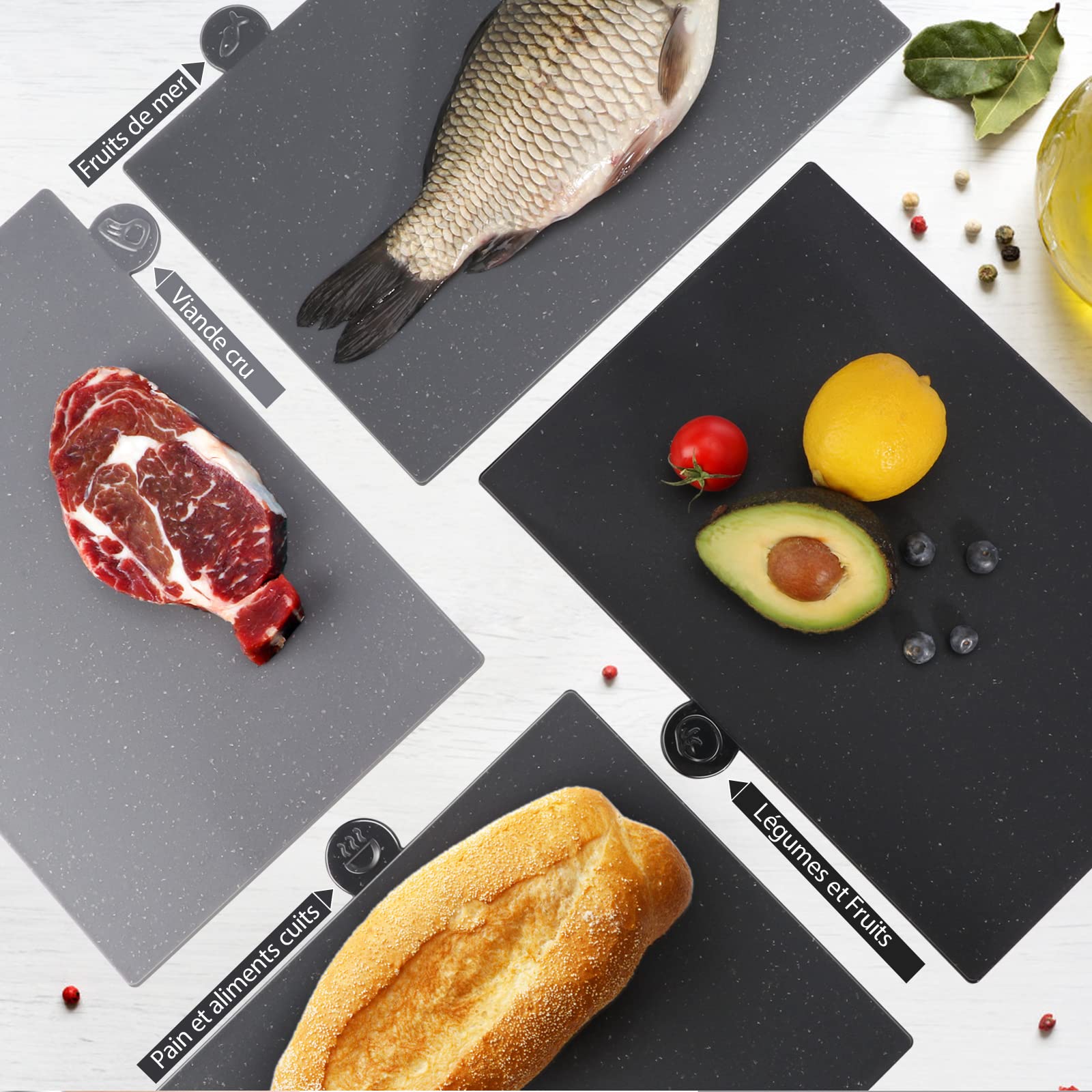 MASTERTOP Ensemble de 4 Planches à Découper Index, Planche à Découper Plastique Antidérapant avec Etui de Rangement, pour Préparation Séparée des Différents Aliments (Gris Dégradé)