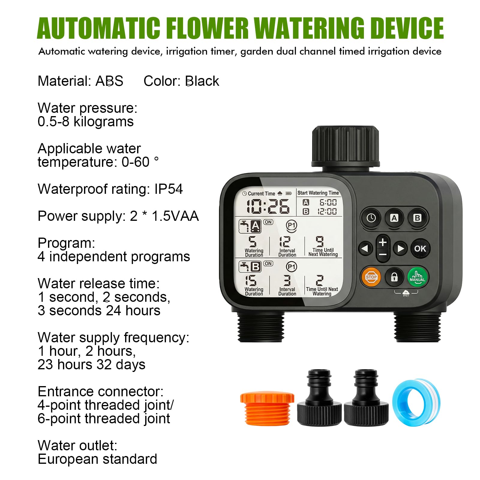 Programmateur Arrosage Étanche IP54 2 Sorties, Minuteur Arrosage Automatique avec Retard de Pluie et Grand Écran LCD