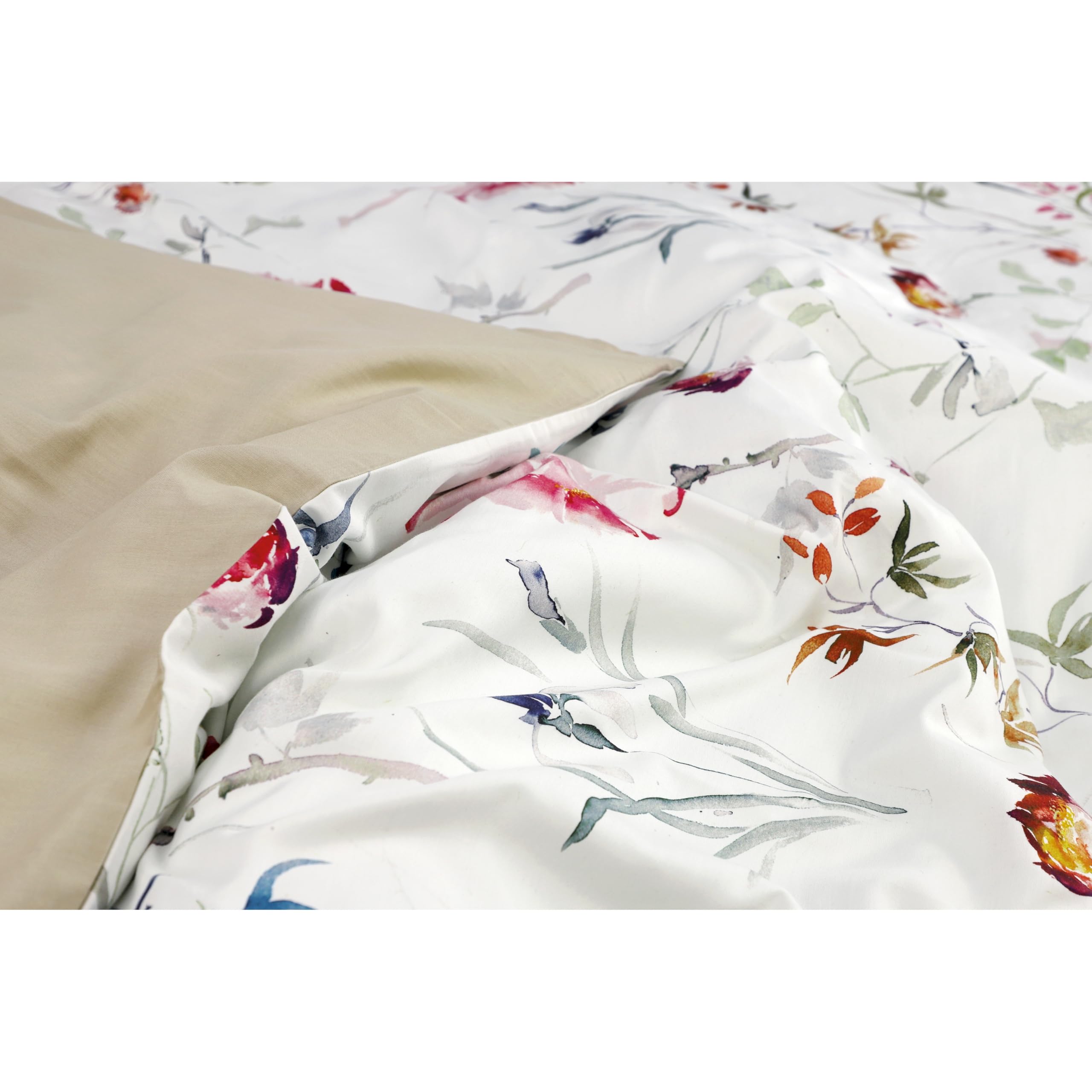 SCHÖNER WOHNEN Juego de sábanas de satén 135x200 algodón flores motivo primavera - Juego de ropa de cama de lujo 2 piezas blanco/beige - transpirable - 1x funda de edredón y 1x funda de almohada