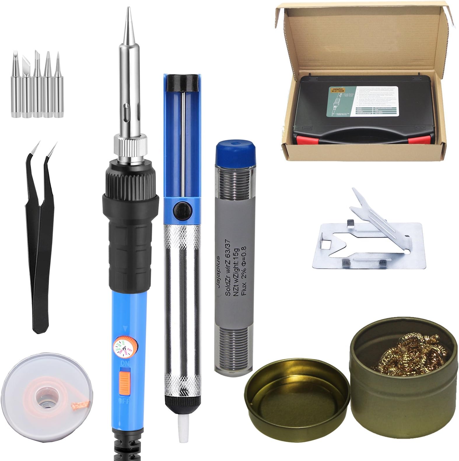 Jajaplus Soldering Iron ON/OFF switch Adjustable Temperature tips cleaner Solder wick, Solder Sucker, Solder wire, Stand, Sponge 6 Tips in Carry Case tip cleaner, solder wick