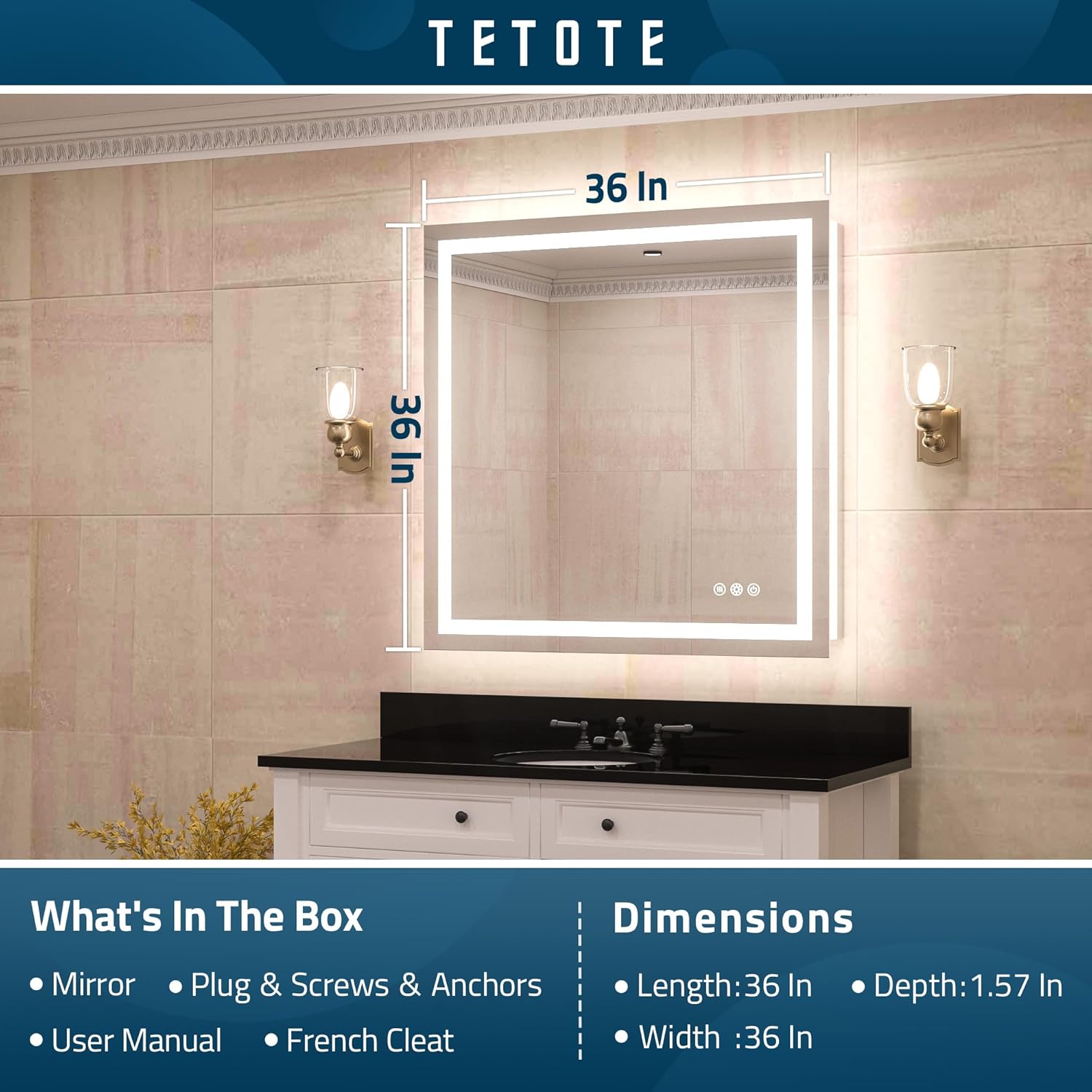 TETOTE Bathroom Mirror with Lights 36x36 Inch Frontlit & Backlit Lighted Vanity Mirror Anti Fog Stepless Dimmable White/Warm/Natural,CRI90+ Double Lights,Wall-Mounted(Horizontal/Vertical)