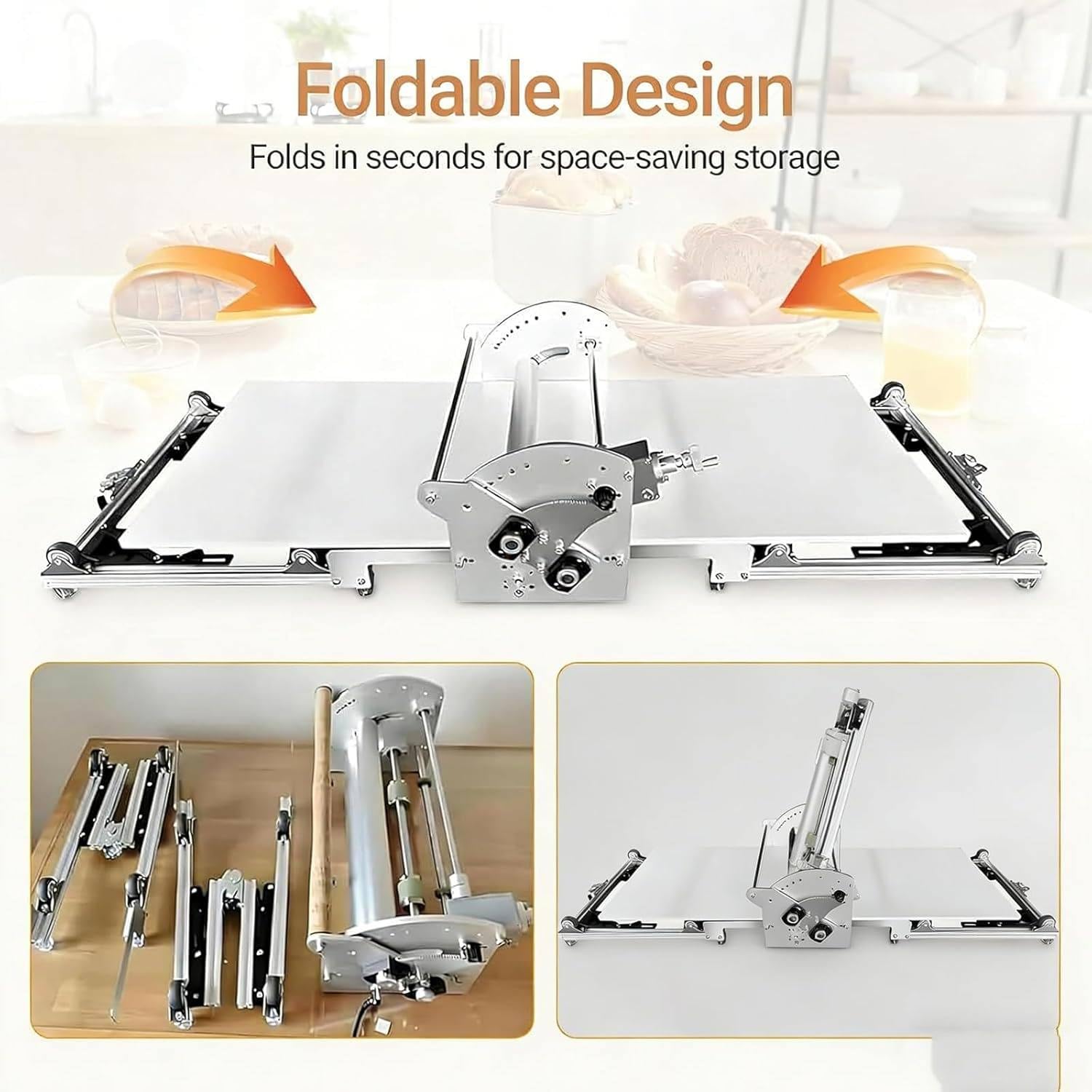 Laminadora de Masa de Acero Inoxidable,Rodillo eléctrico Plegable, diseño Compacto sobremesa, Grosor Ajustable 2 a 30 mm y prensado 450 mm de Ancho,para panaderías,Pizzas,Fondant