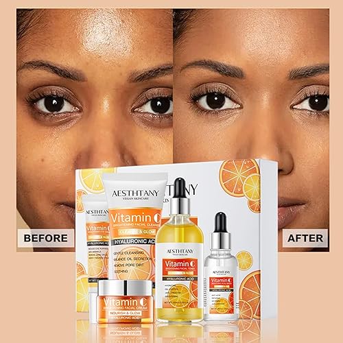 Miniatura 6 de Set de cuidado de la piel con vitamina C para mujeres, rutina hidratante 5 en 1 con ácido hialurónico con limpiador facial, suero, crema facial,