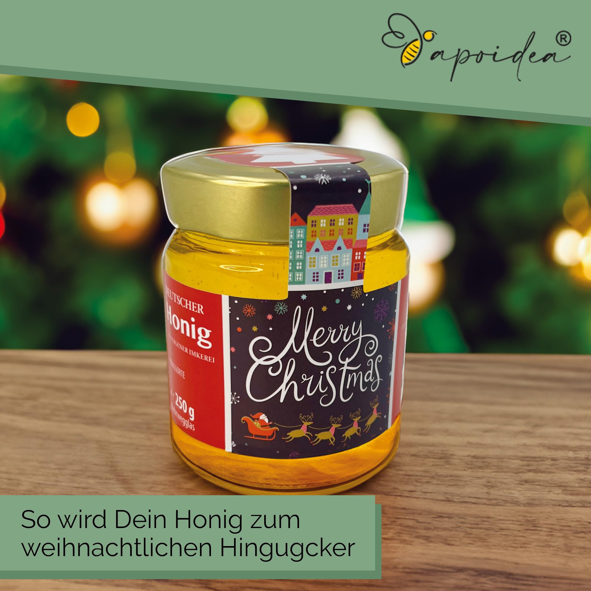 Apoidea – Honig Etiketten 250g mit Weihnachtsmotiv & Gewährverschluss selbstklebend, personalisierbar - 100 Stück/Etiketten Honiggläser/Honig Aufkleber für selbstgemachten Honig/Honigetiketten