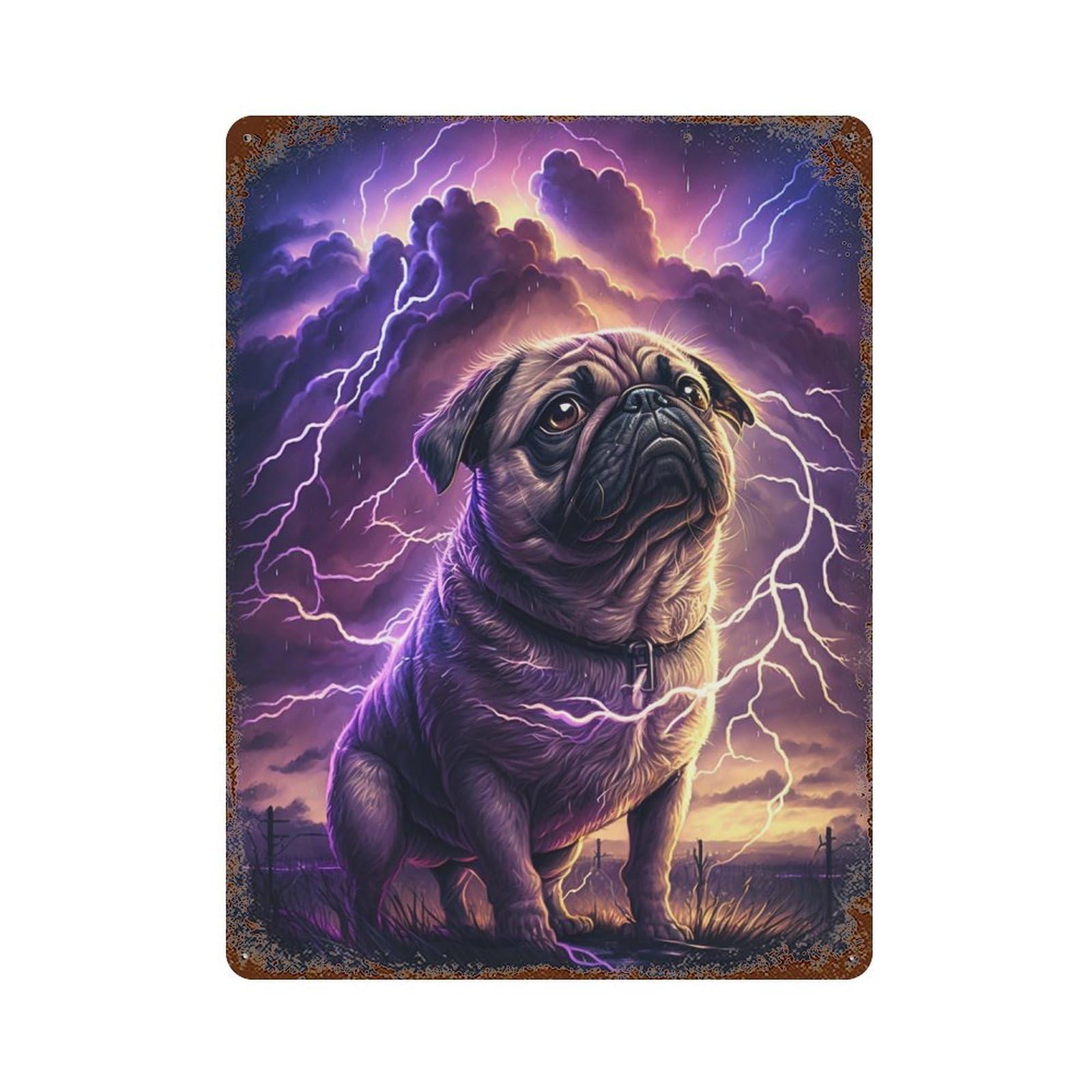 Garage Style Pug in Thunderstorm Aged Metal Wall Plaque 15.7"x11.8", Industrial Home Decor for Bar And Workshop