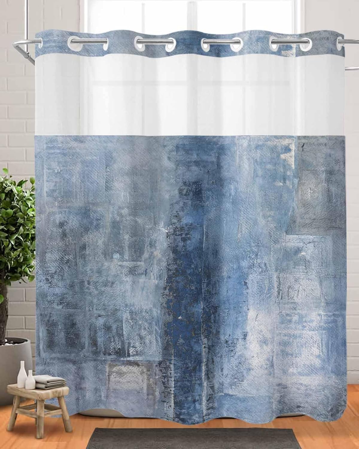 Prime Leader Blue No Hook Shower Curtain with Snap in Liner Abstract Art Graffiti Paint Style Shower Curtain for Bathroom, Fabric Waterproof Inner Liner, Hotel Style with Mesh Top Window, 72x72