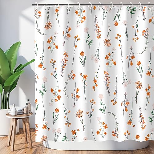 LIVILAN Cortina de ducha floral, cortina de ducha naranja, cortina de ducha de flores, juego de cortinas de ducha con 12 ganchos, decoración de baño