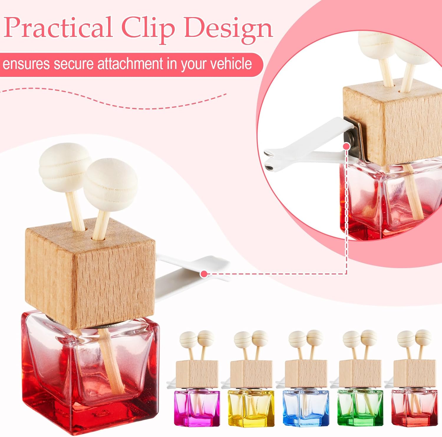 Zubebe 30 Pcs Car Diffuser Bottles Empty Bulk Vent Clip Car Air Freshener Diffuser for Essential Oil Perfume Glass Bottle with Wooden Caps Stick Fragrance Ornament (Colorful)