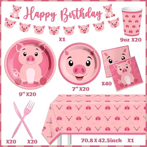 Miniatura 3 de Decoraciones de cumpleaños de cerdo, juego de vajilla de cerdo de granja de 143 piezas, platos temáticos de cerdo rosa y servilletas, suministros de