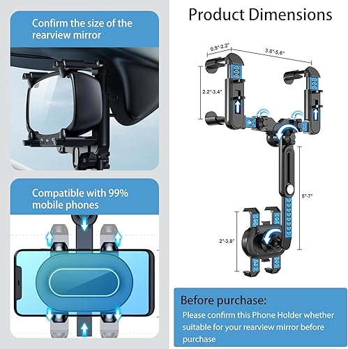 Miniatura 8 de Soporte de teléfono para espejo retrovisor para automóvil, giratorio de 360 y retráctil multifuncional soporte de teléfono de visión trasera, cuatro