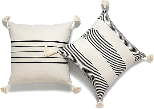 Hofdeco Juego de 2 fundas de almohada decorativas neutras con borlas marroquíes, rayas beige y gris, 18 x 18 pulgadas Rayas Beige Gris,Puntos