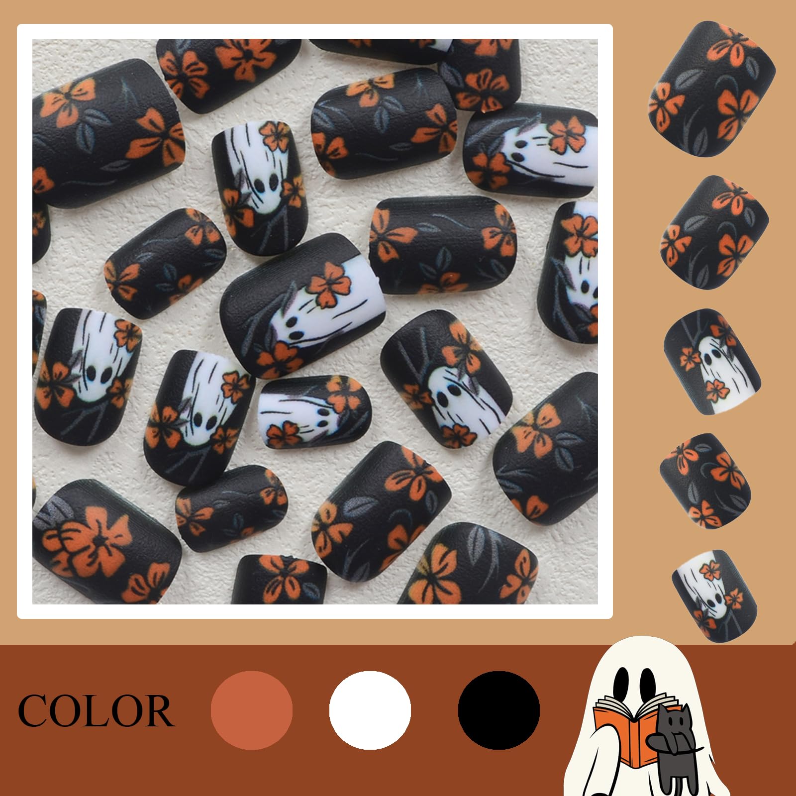 Halloween Short Square False Nail -24 PCS Black Fake Nails -Orange Flowers White Ghost False Press on Nails Design - Image 3
