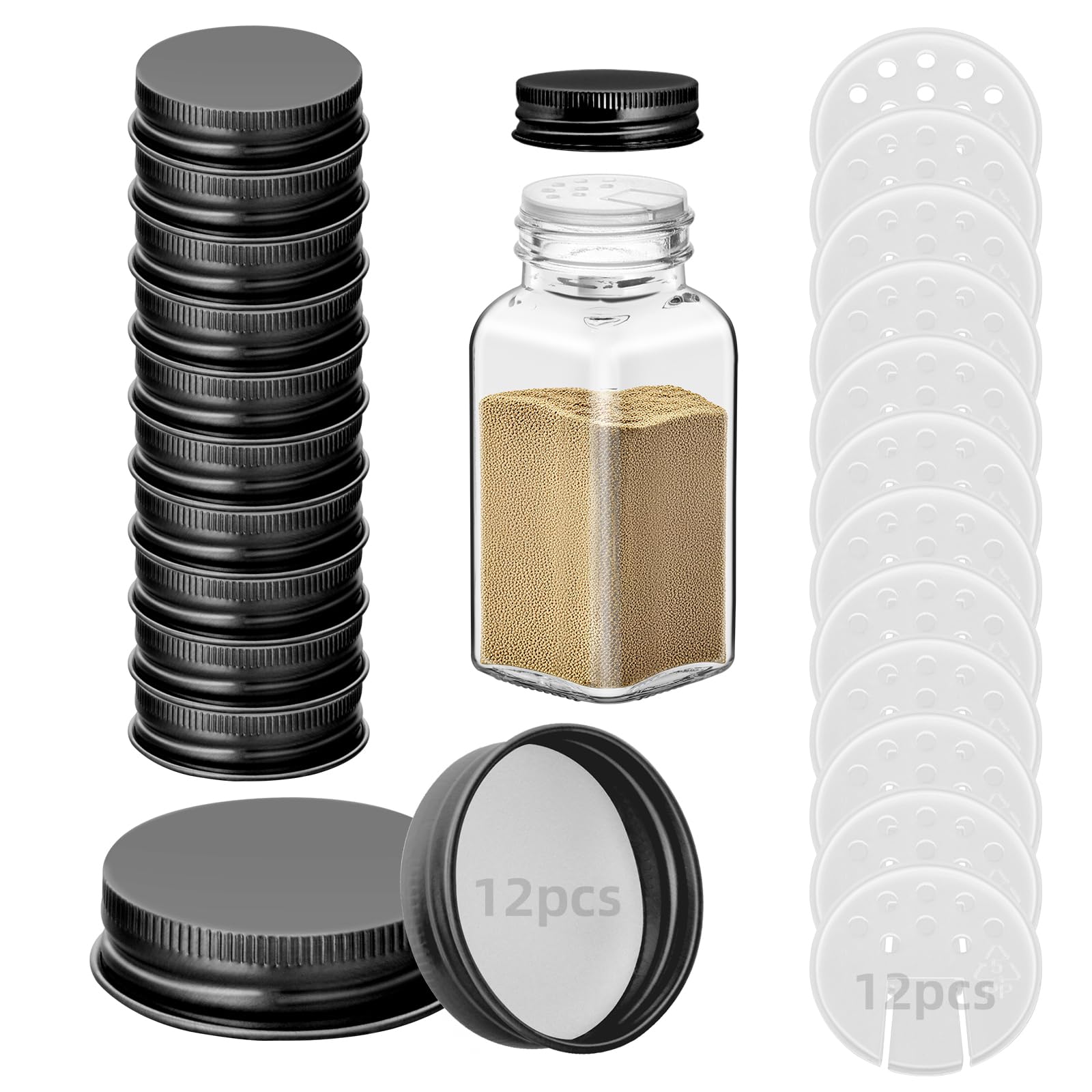 Eispap Black 12 Iron Spice Jar Lids With 12 Shaker Inserts, Fit 4Oz & 6Oz Glass Jars, Airtight Metal Caps, 2-In-1 Pour & Sprinkle Design For Salt, Pepper & Seasoning (Jars Not Included) (Black)