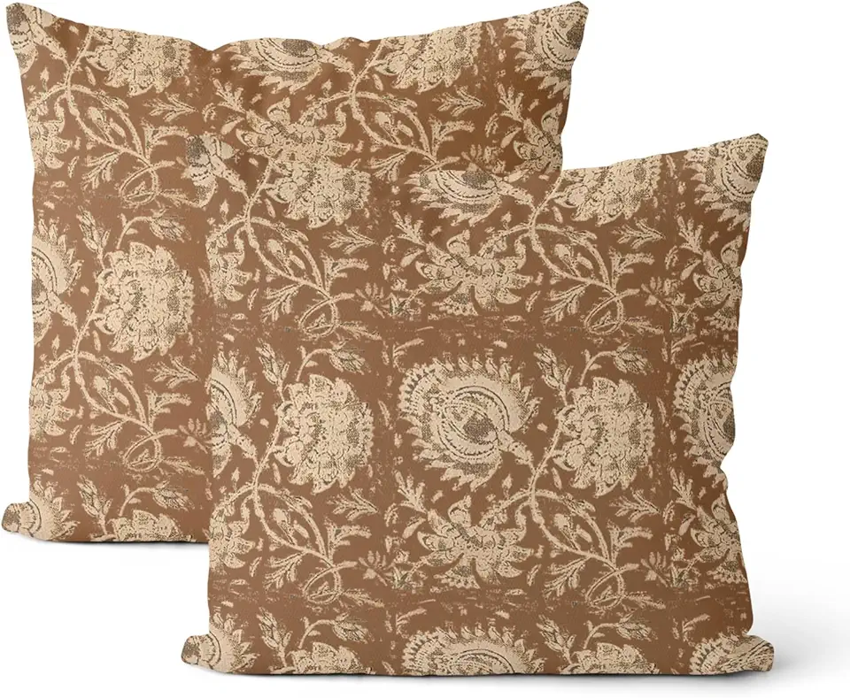 Conjunto de 2 fronhas marrons 45,7 x 45,7 cm, vintage, marrom, floral, estampa de bloco de conhaque, boêmio, neutro, moderno, com estampa floral, decoração ao ar livre, capas de almofada de linho para