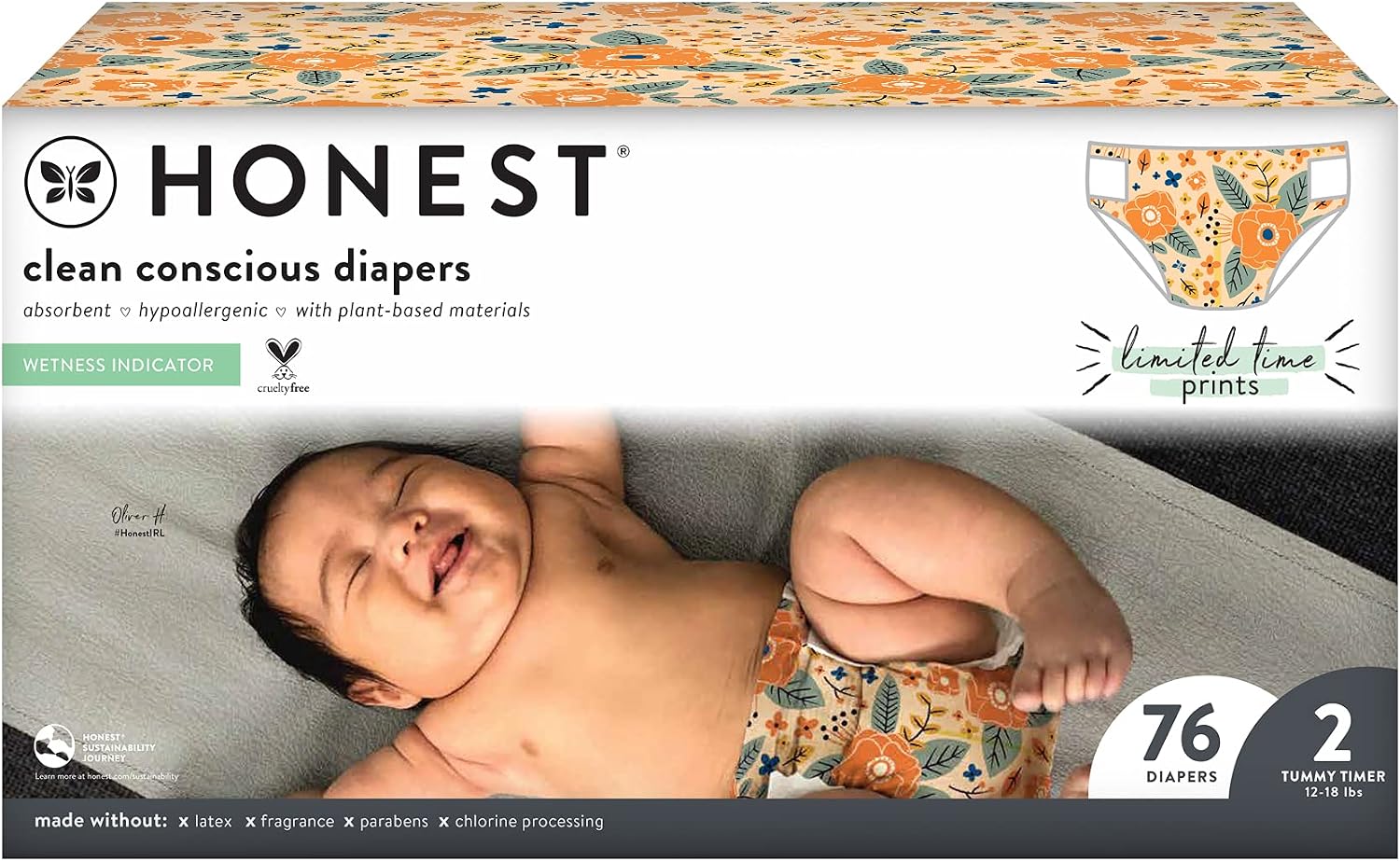 HONEST Club Box Clean Conscious Diapers Fall Seasonal, Prairie Petals, Size 2, 76ct