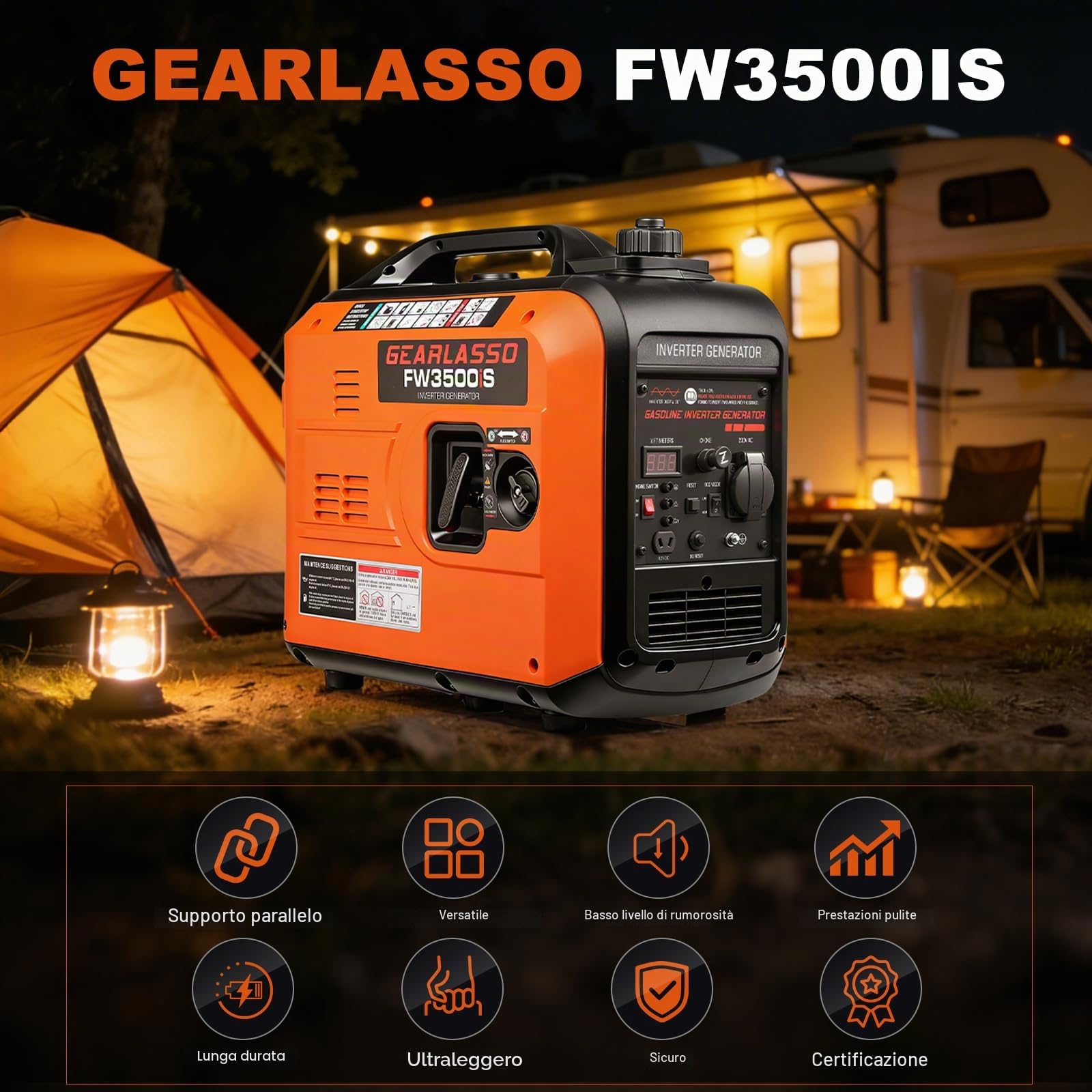 Generatore di corrente inverter, 3300 W, generatore di corrente a benzina, super silenzioso, generatore a 4 tempi con USB e avviamento elettrico da 230 V, per campeggio, viaggi, casa o