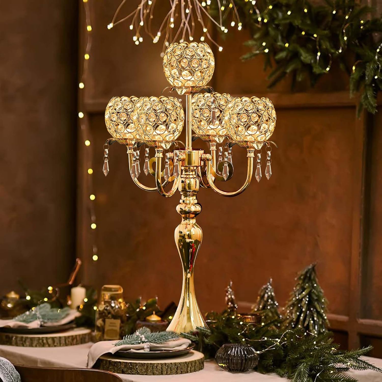 1Pc 22.5 Inch 5-Arm Tea Light Crystal Candle Holder/Candlestick, Exquisite and Gorgeous Crystal Candelabra Table Centerpiece for Wedding/Holiday Events, Parties & Home Decor image 5